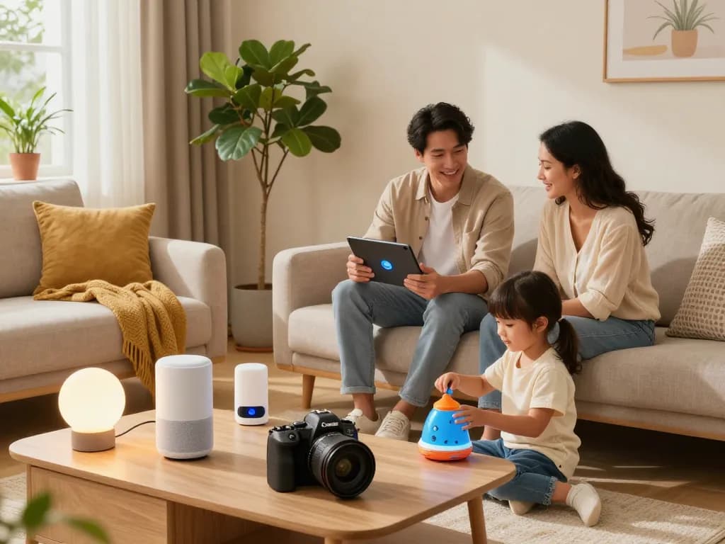 Family enjoying tech gadgets for home in a modern living room with smart devices and Bluetooth toys.