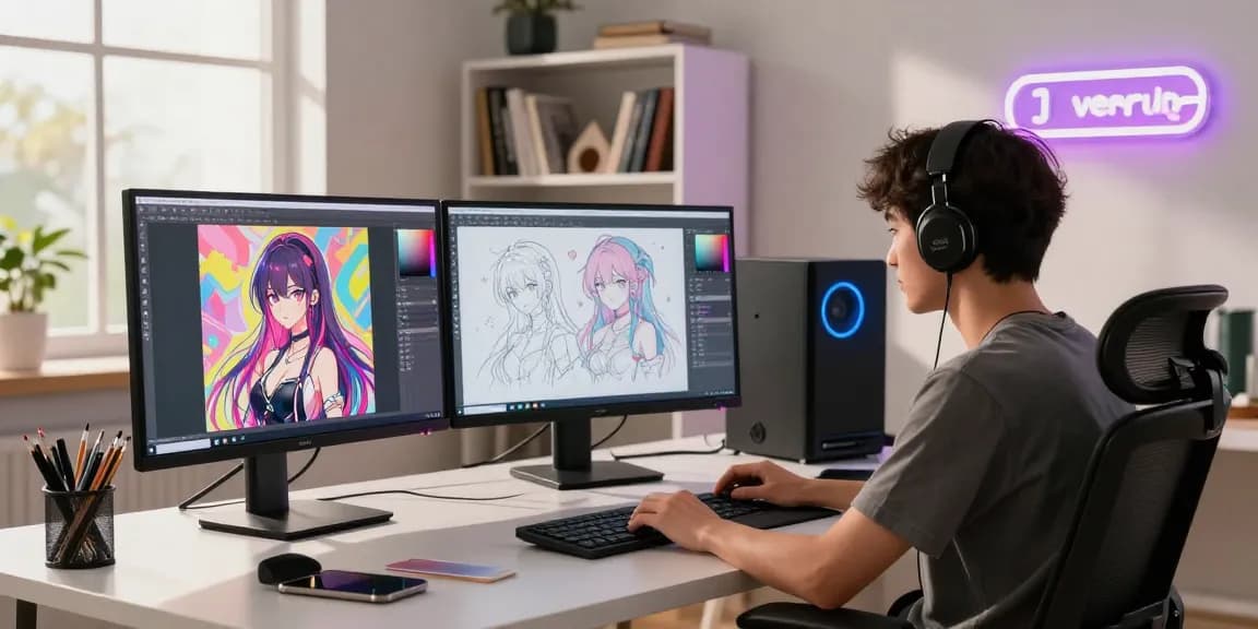 Creating stunning AI ecchi art in a dynamic home office filled with creativity.