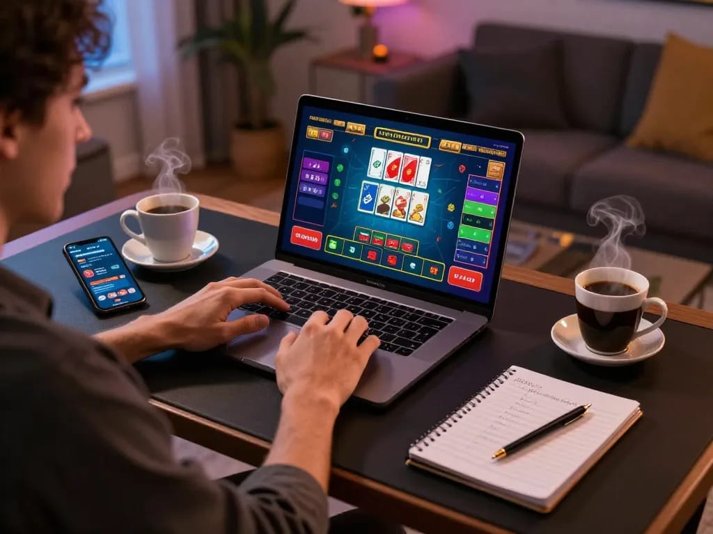 RR88 player engaging in live baccarat game on laptop, strategic gaming setup visible.