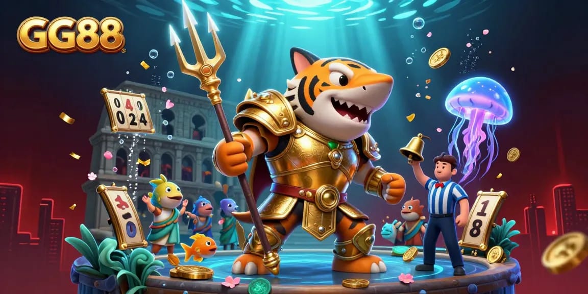 Engage with GG88 in an underwater colosseum as the tiger shark battles in golden armor amidst dynamic casino elements.