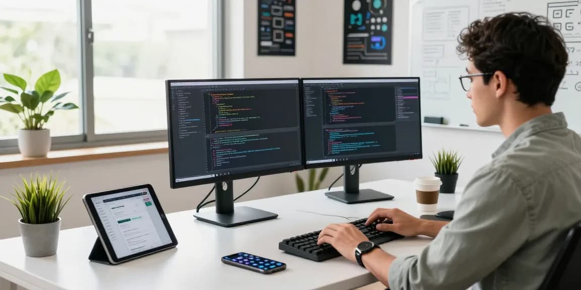 Workspace showcasing WPS Official Website tools for software development with dual monitors, a developer coding, and natural light enhancing productivity.