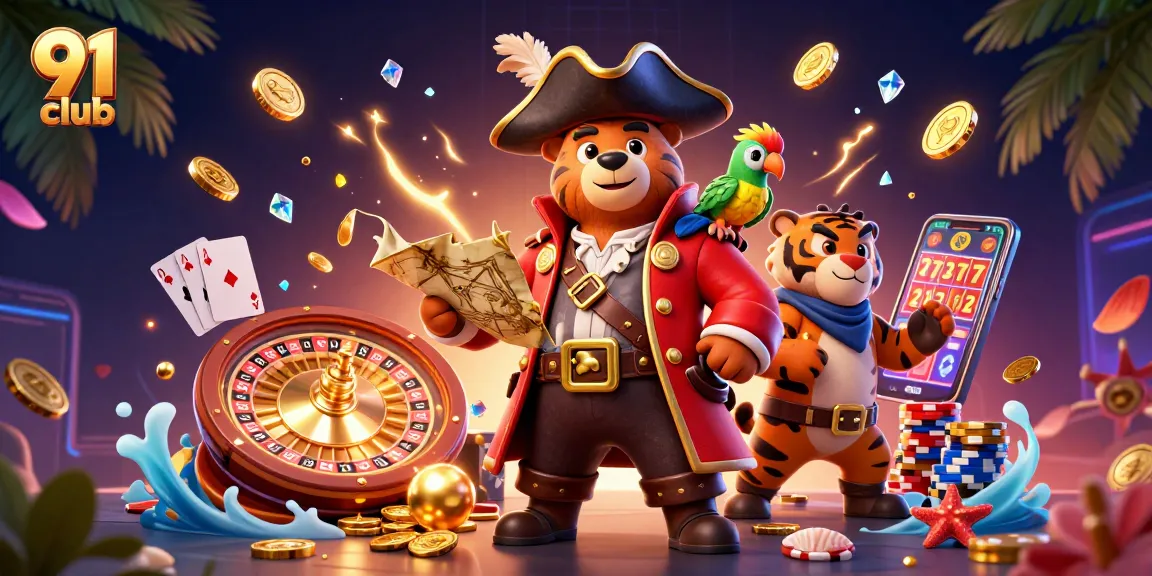 Engage with the 91 club gaming universe featuring animated characters in a vibrant casino scene.
