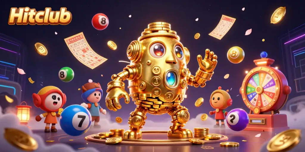Win big at Hitclub with vibrant lottery elements and an ancient golden golem symbolizing luck.