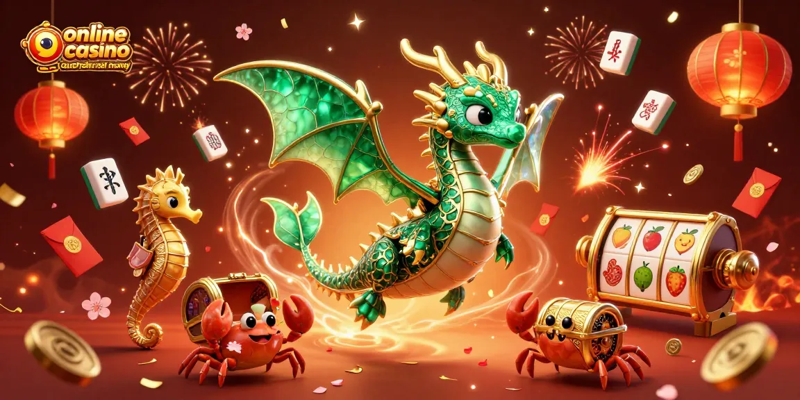 Explore online casino Australia real money with vibrant 3D illustration showcasing dragons, treasures, and festive symbols.