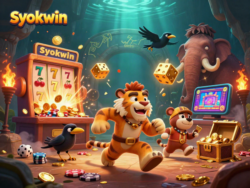 Experience syokwin's prehistoric casino with vibrant characters, slot machines, and treasure bursts.