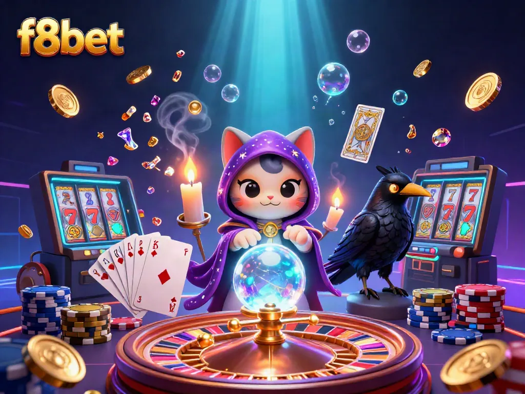 Experience the magic of f8bet with a crystal ball and casino elements in a vibrant 3D scene.