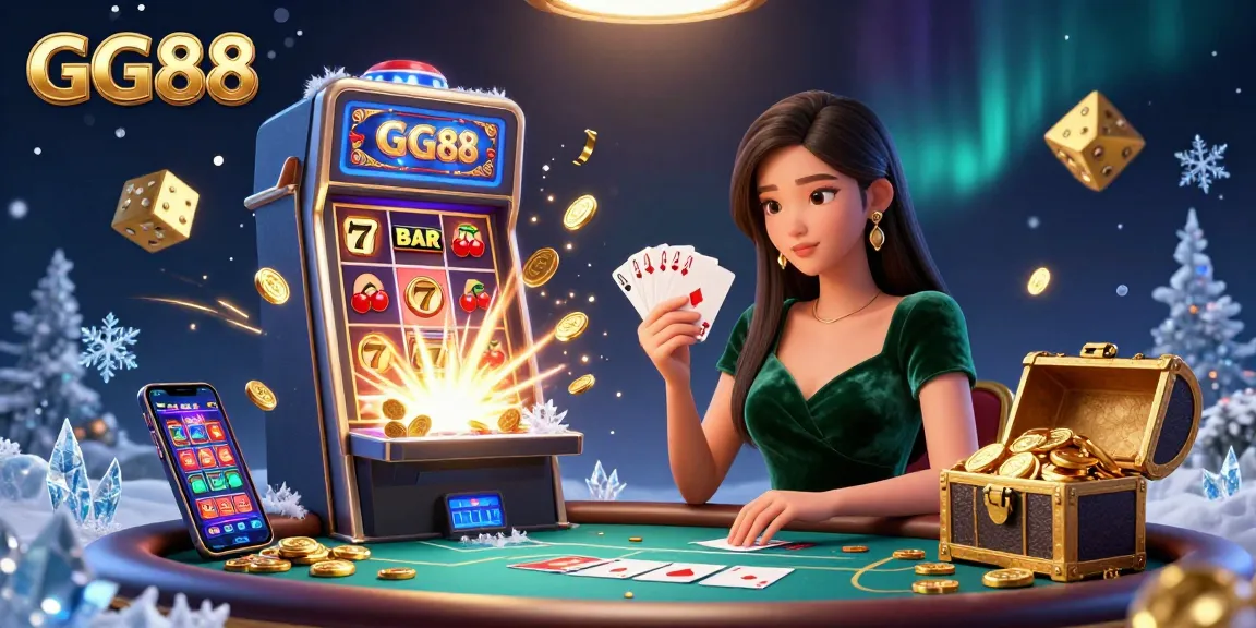 Experience thrilling gaming with GG88 as a beautiful Asian woman plays cards at a luxury poker table.