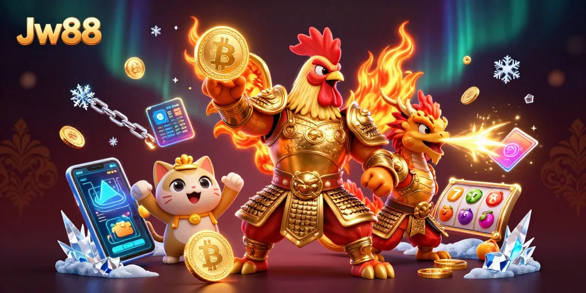 Experience exciting Jw88 gaming with a cartoon rooster warrior and dragon in a vibrant casino world.