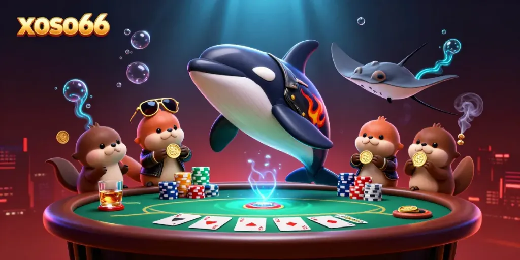 Win at xoso66 with the orca biker and otters collecting gold coins in a vibrant casino scene.