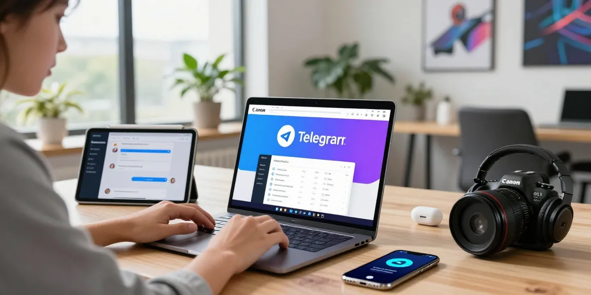 Professional using Telegram网页版 in a modern workspace with tech gadgets and vibrant user interface.