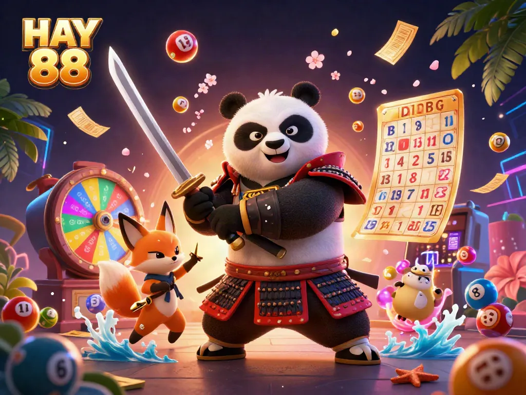Exciting HAY 88 scene with a samurai panda, ninja fox, and magical tanuki, surrounded by dynamic lottery elements.