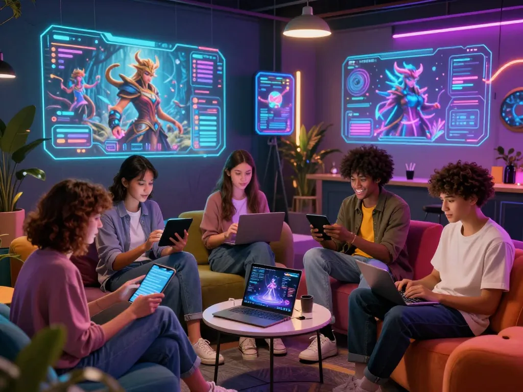 Interactive NSFW AI chat scene with diverse users discussing engaging content in a vibrant digital environment.