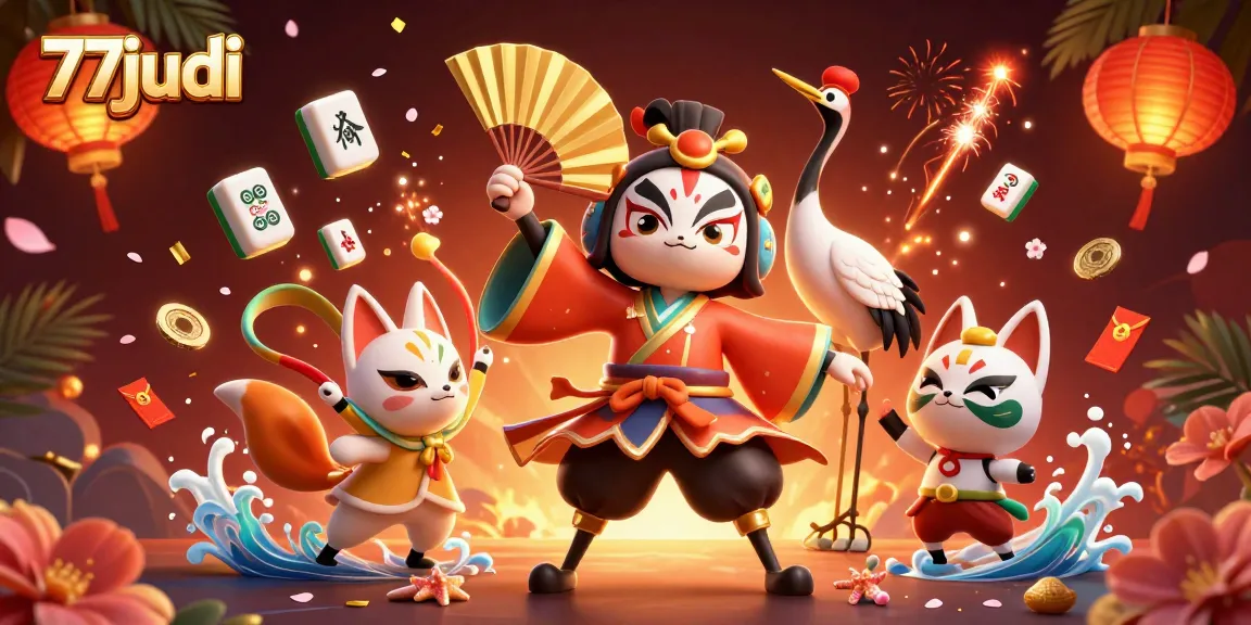 Experience thrilling gameplay with 77judi's vibrant online casino characters and festive elements.