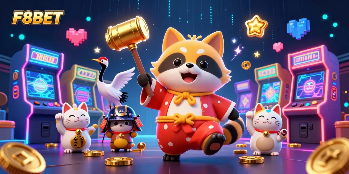 Experience thrilling slots action with F8BET's joyful tanuki surrounded by gaming treasures.