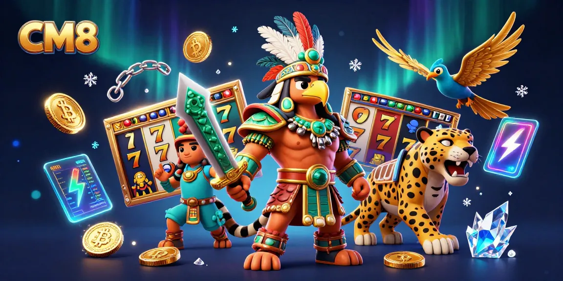 Experience thrilling wins at CM8 with vibrant slot reels surrounded by dynamic casino warriors.