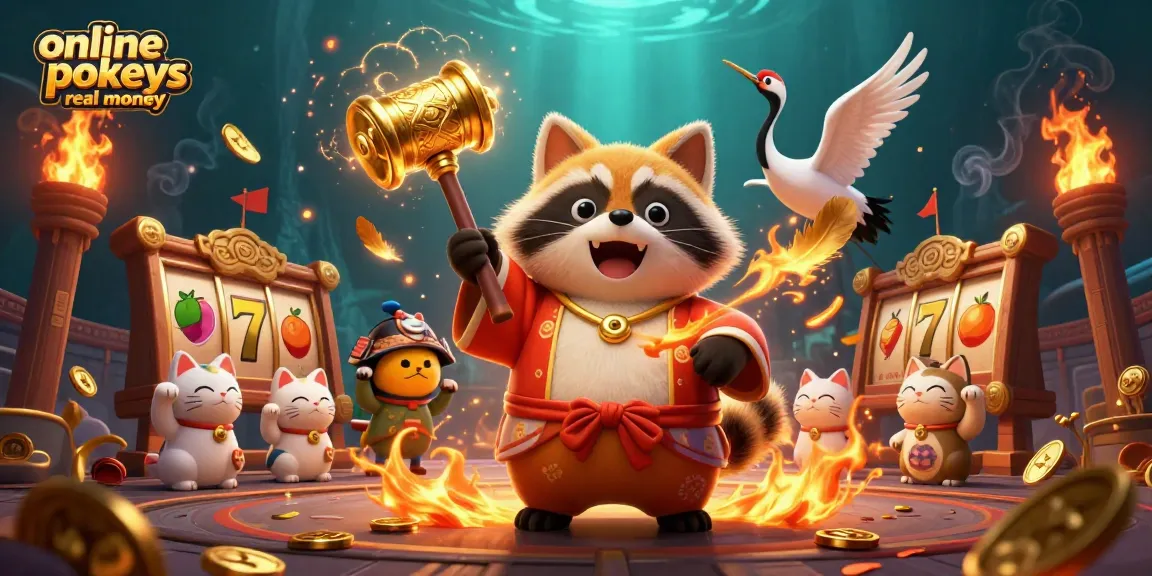 Engaging scene showcasing online pokies real money with joyful tanuki and colorful maneki-neko characters.