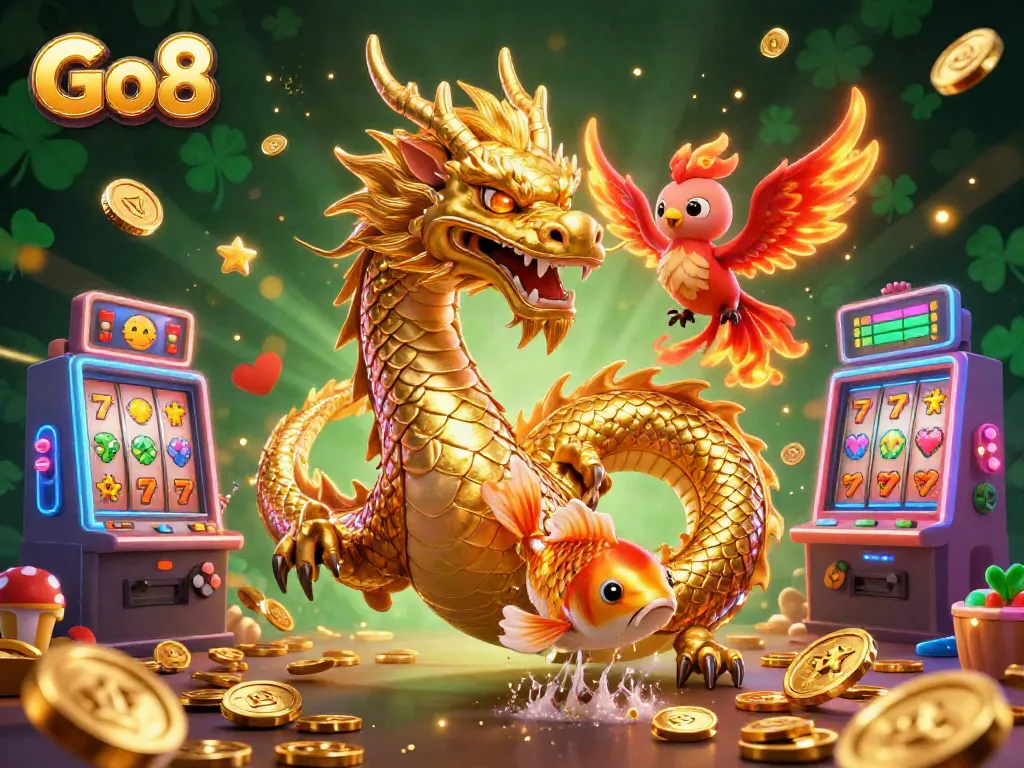 Experience thrilling gameplay with the Go8 casino featuring a golden dragon, colorful slot machines, and excitement.