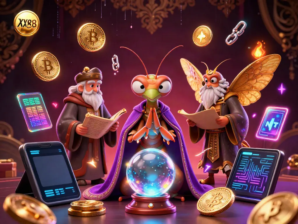 Join the mystical world of XX88 with fortune teller mantis and glowing crypto elements for a vibrant gaming journey.