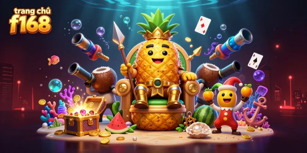 Win big at trang chủ f168 with a vibrant 3D casino scene featuring a golden pineapple king and game elements.