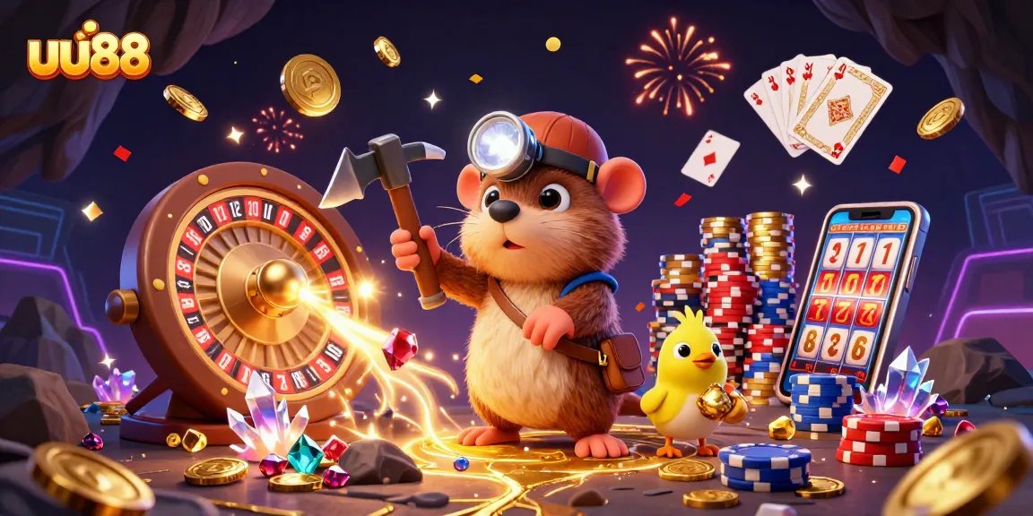 Spin the reels and win at uu88 with a vibrant, action-packed casino scene featuring treasure hunter and sparkling elements.