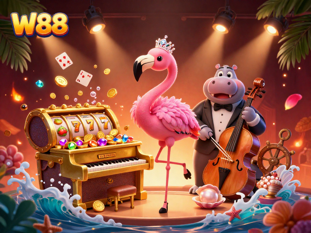W88's vibrant slot action scene showcasing the flamingo singer and hippo bassist amidst gold coins and glowing elements.