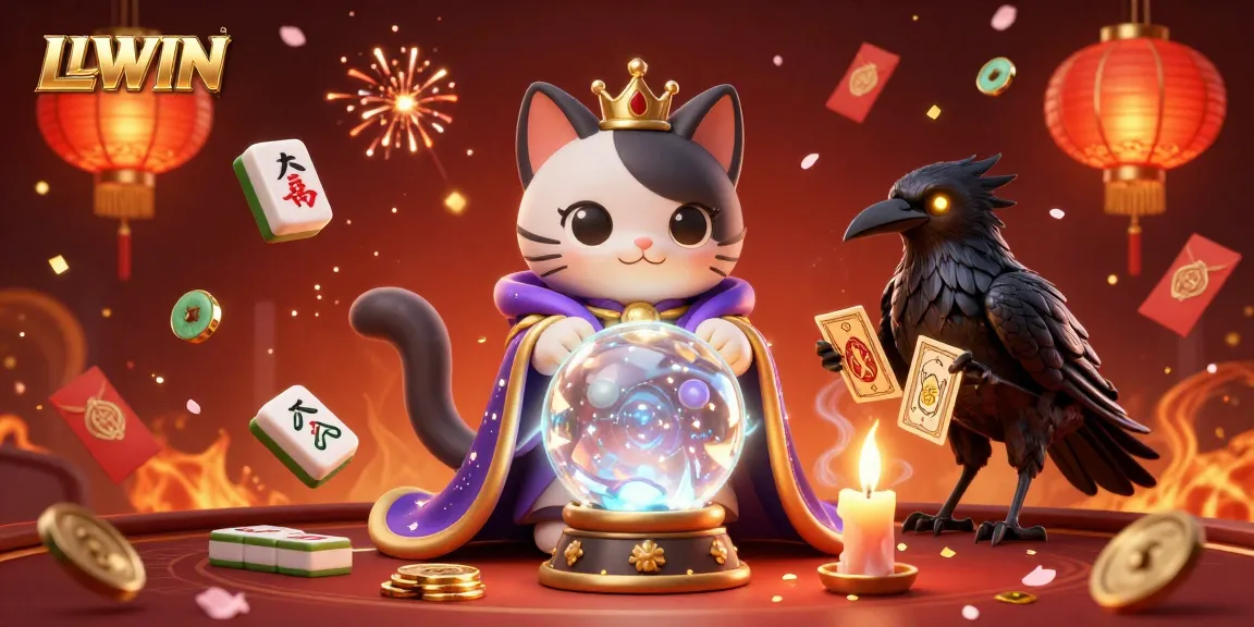 Experience LLWIN's thrilling casino atmosphere with mystical characters, floating game elements, and vibrant colors.