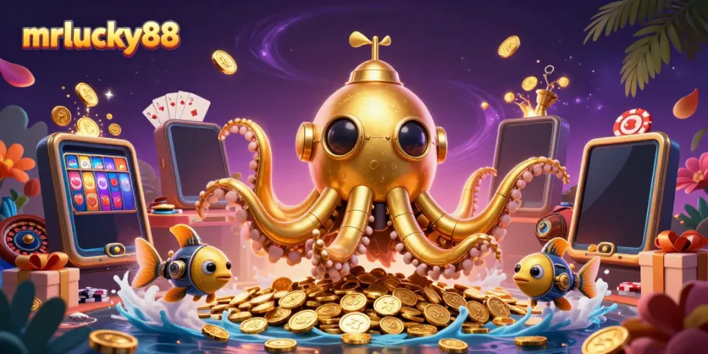 Experience winnings with mrlucky88 through a golden kraken submarine in a treasure-filled underwater casino scene.