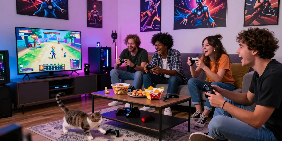 Friends enjoying an ecchi game in a lively gaming room with snacks and controllers.