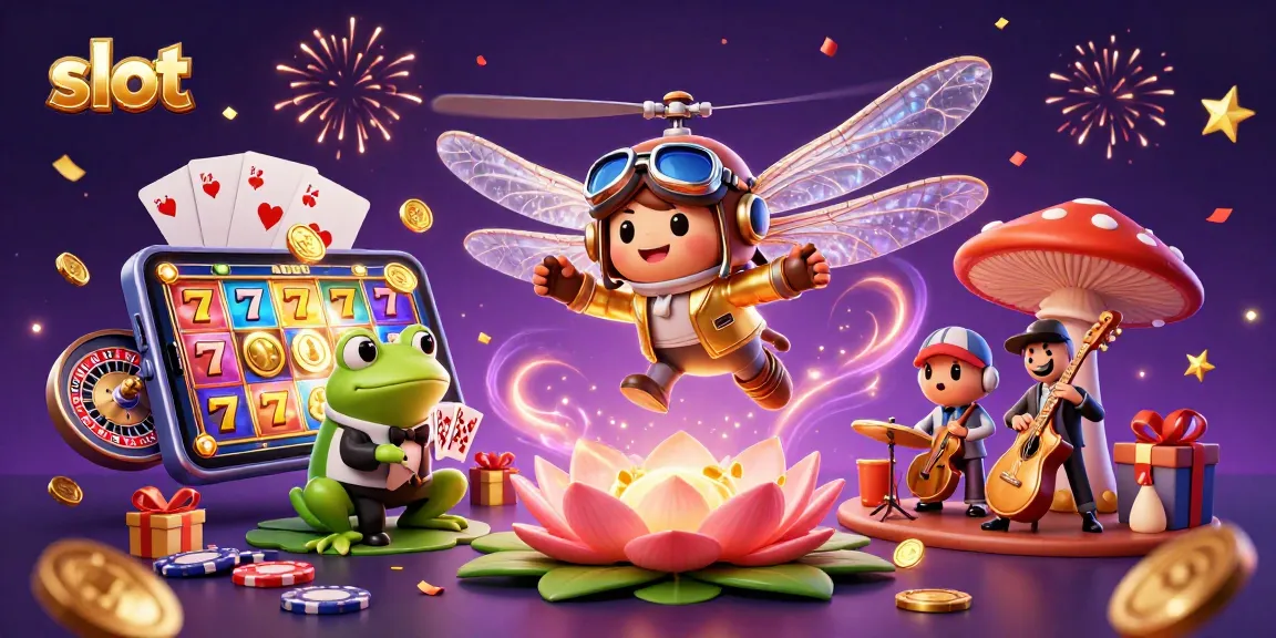 Spin the slot game with a cartoon dragonfly pilot at a lively casino scene featuring a frog dealer.
