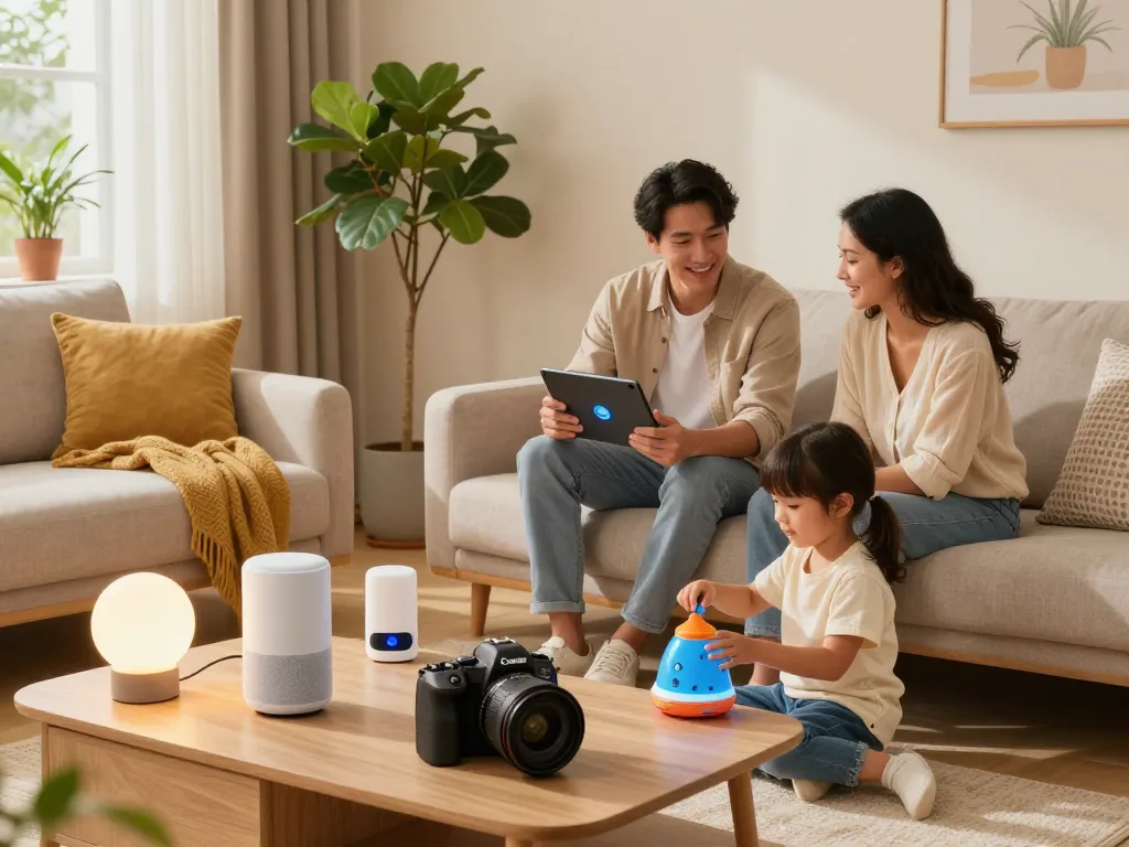 Family enjoying tech gadgets for home in a modern living room with smart devices and Bluetooth toys.