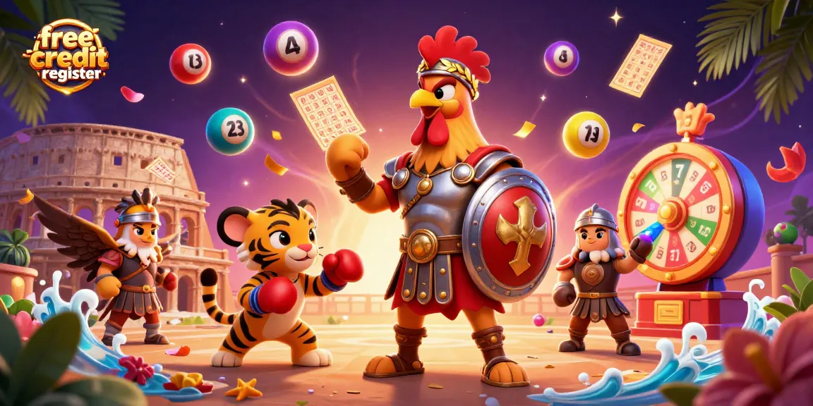 Play and win with the free credit register at our lively casino scene featuring vibrant lottery elements.