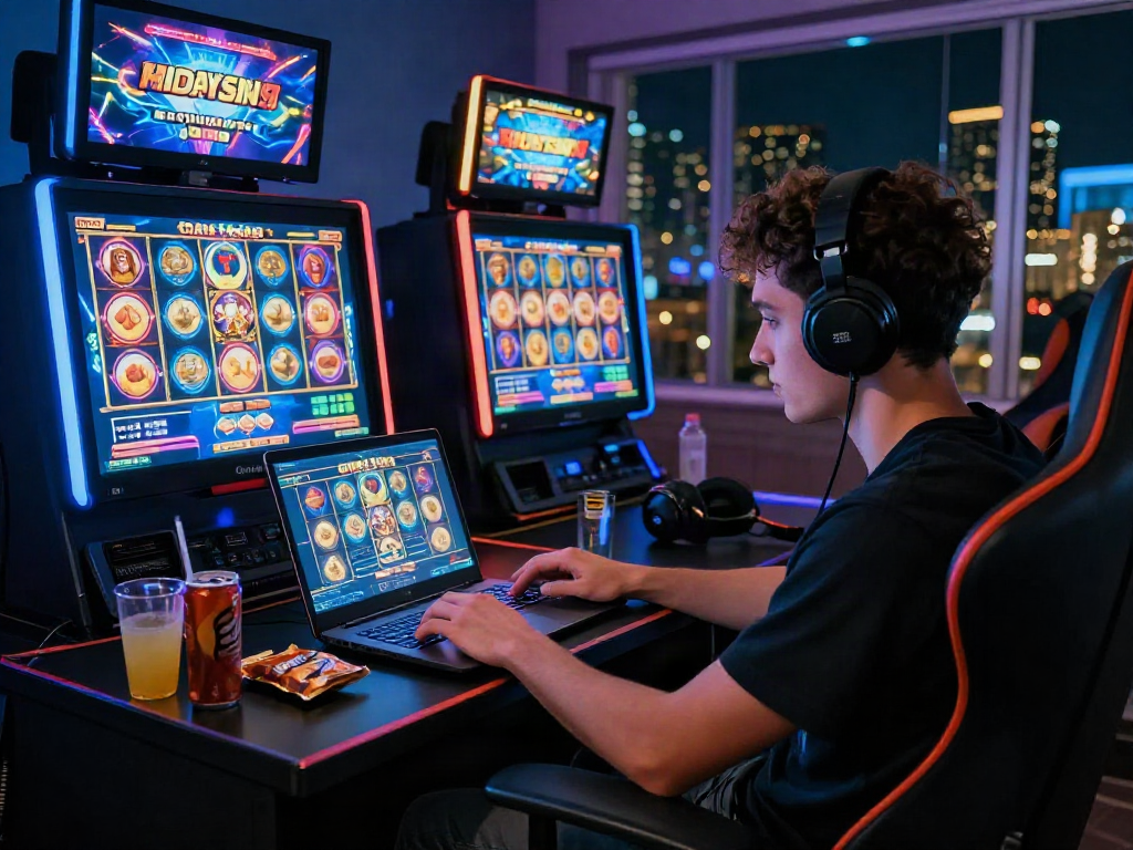 Slot gacor malam ini gaming enthusiast engaged in vibrant online slot game experience at night.