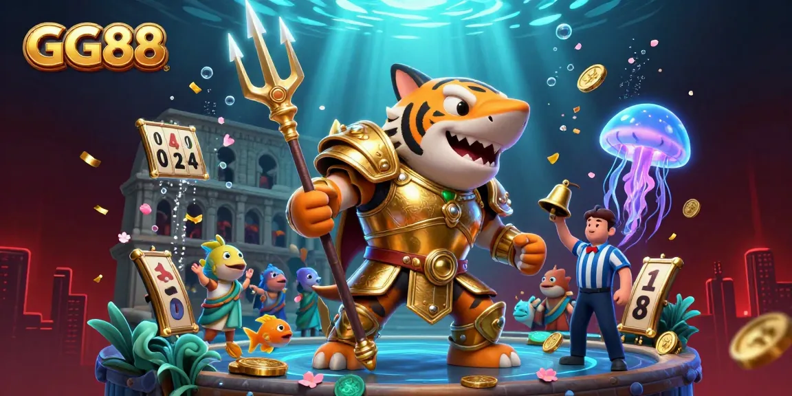 Engage with GG88 in an underwater colosseum as the tiger shark battles in golden armor amidst dynamic casino elements.