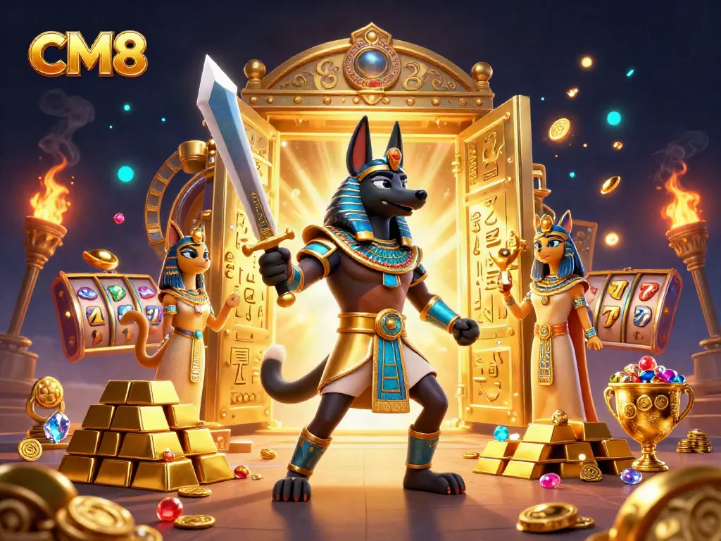 CM8 slots action featuring Anubis and Bastet in vibrant 3D casino illustration with treasures