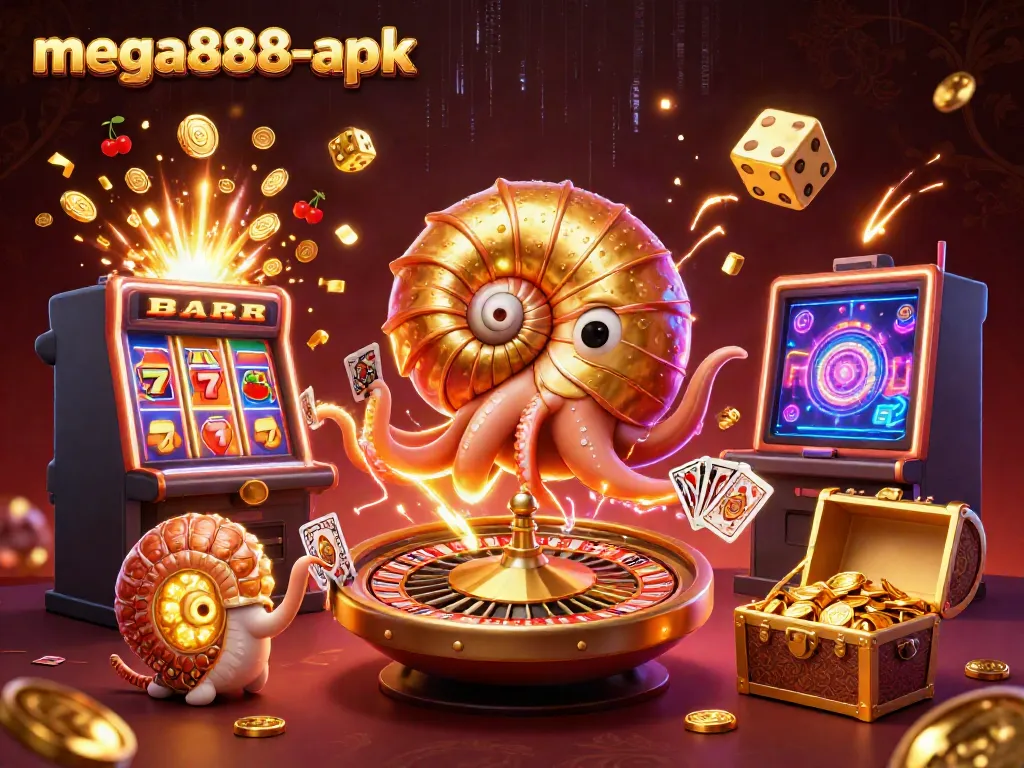 Engage with vibrant mega888-apk casino experience featuring a dynamic 3D scene of games and winning elements.
