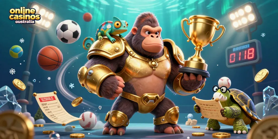 Engage with online casinos Australia featuring a gorilla king and vibrant sports elements in a dynamic 3D scene.