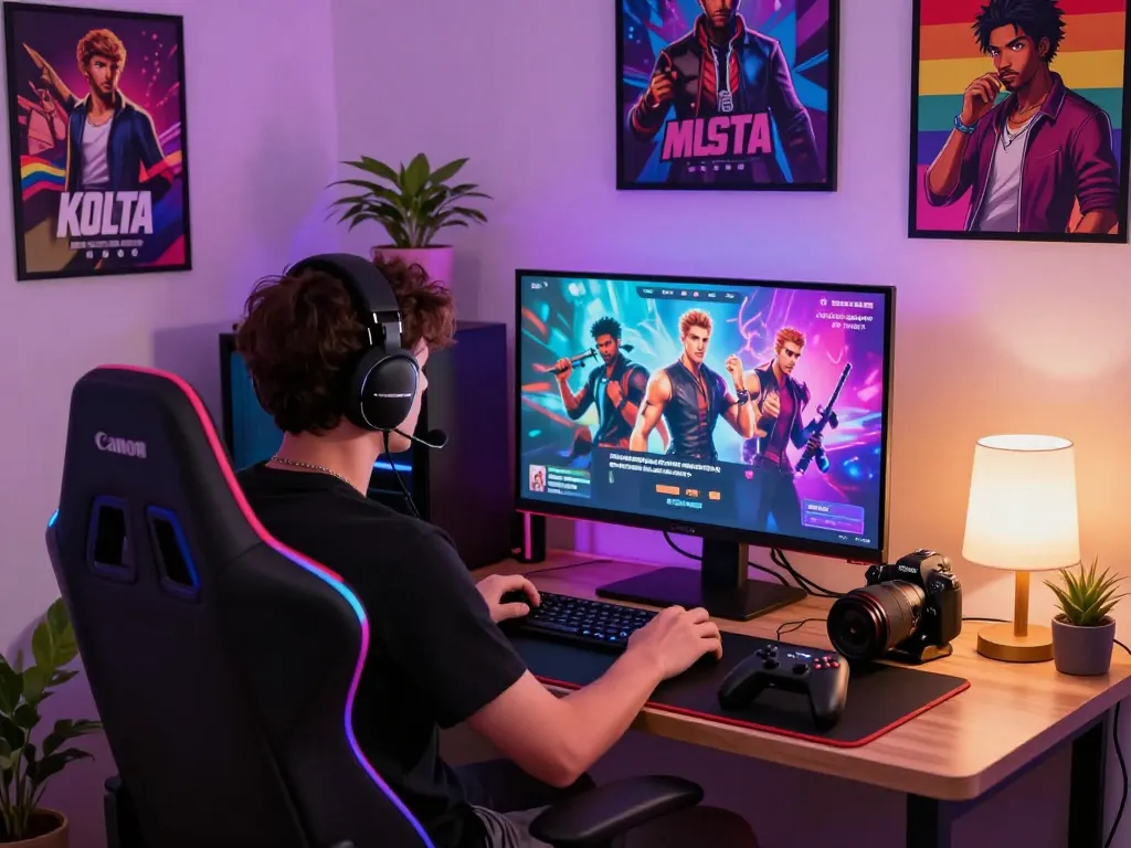 Player enjoying gay porn games in an inviting gaming space filled with colorful lighting and engaging visuals.