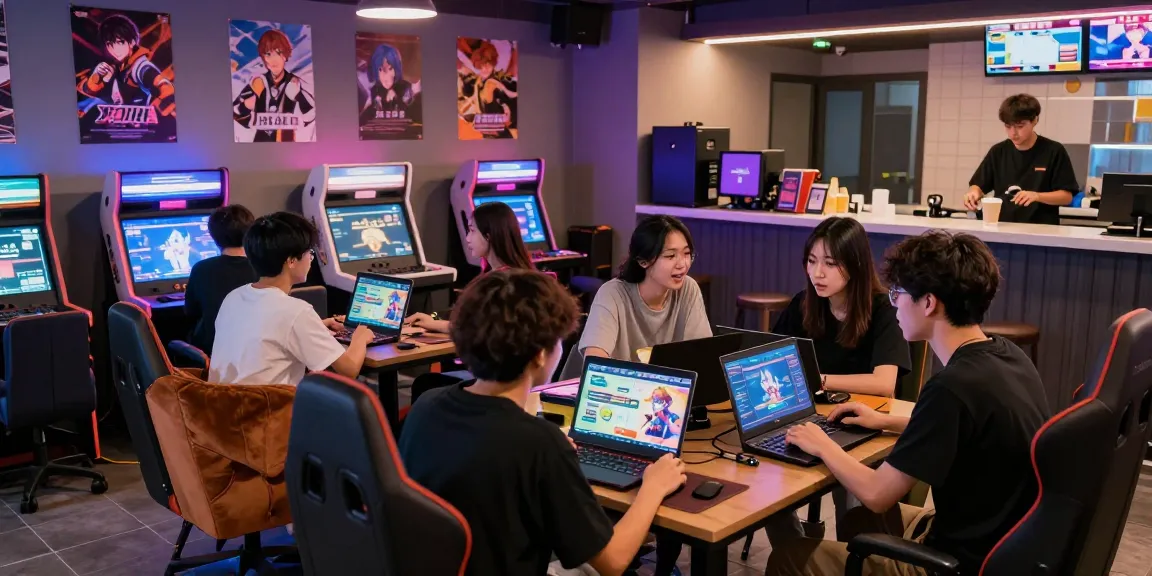Engaging gaming lounge scene featuring players immersed in hentaigames with vibrant neon lights and dynamic atmosphere.