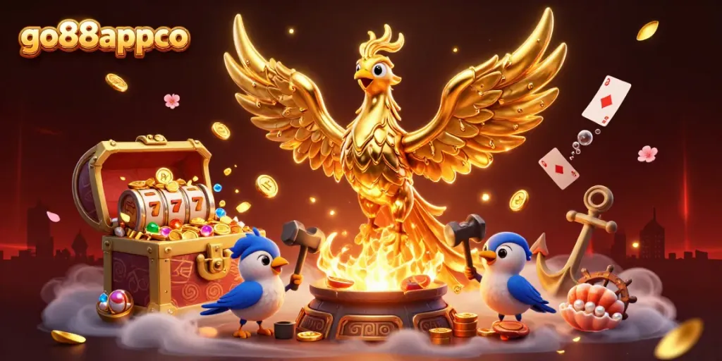 Experience thrilling gameplay with go88appco's golden phoenix symbolizing fortune amidst a vibrant casino scene.
