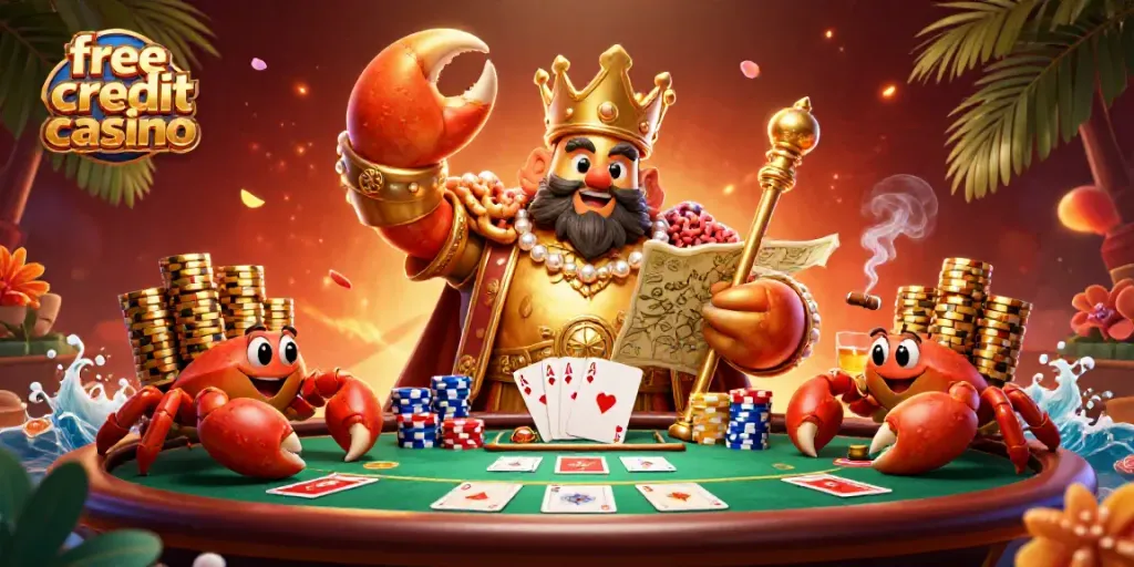 Engage in thrilling gameplay at free credit casino with the golden crab emperor surrounded by colorful poker elements.