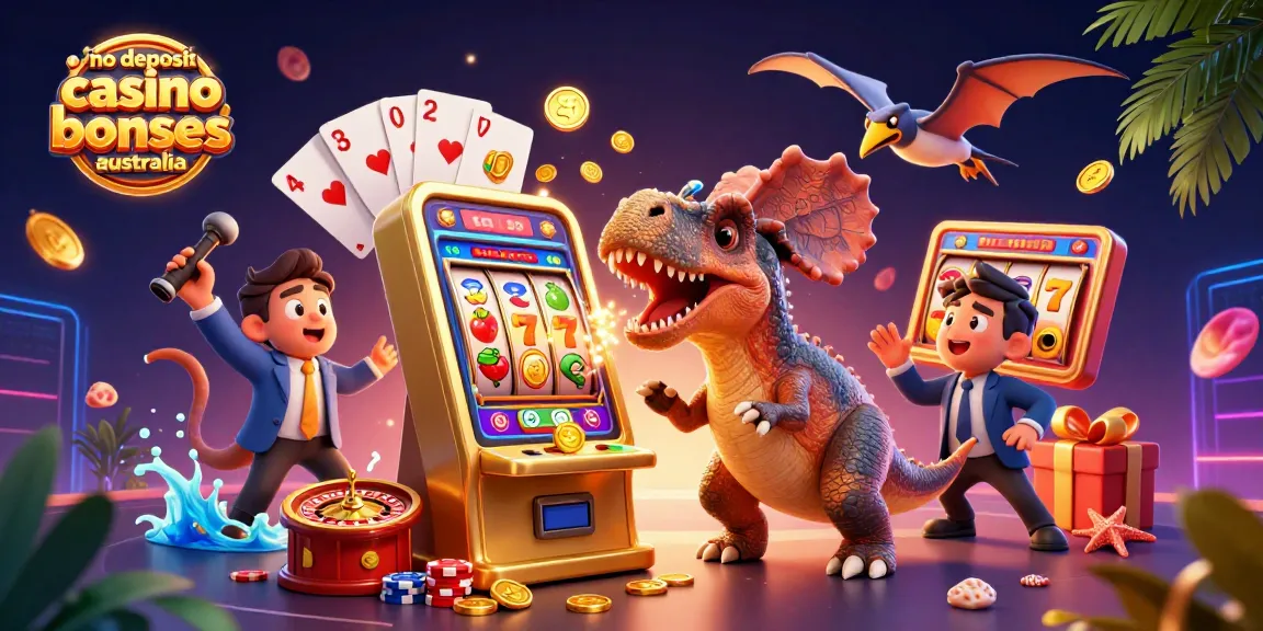 No deposit casino bonuses Australia illustrated with dinosaurs, a golden slot machine, and coins flying around.