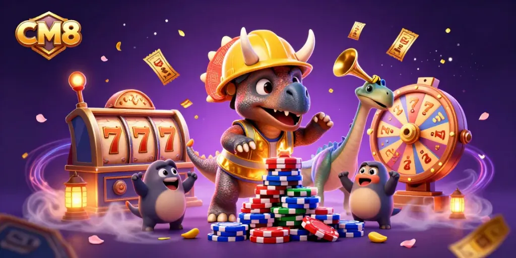 CM8 slots scene shows a triceratops and friends celebrating with vibrant casino elements