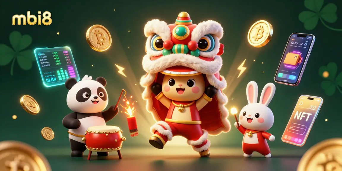 Win big at mbi8 with an exciting 3D illustration of a festive lion dance and crypto elements.