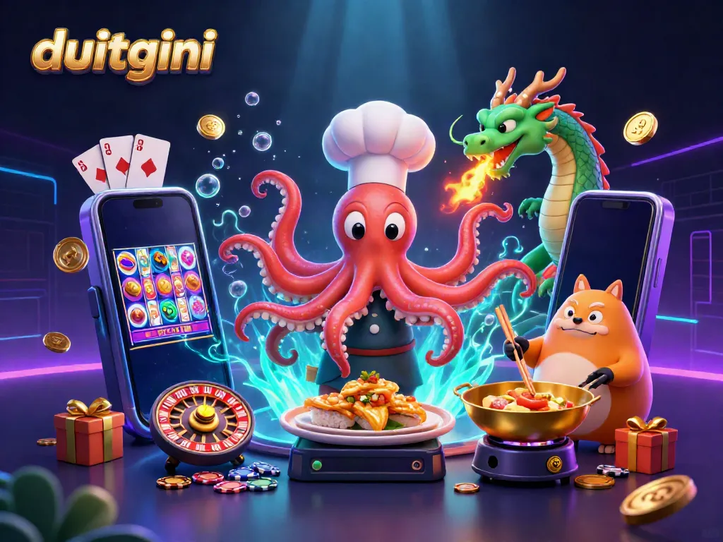 Experience thrilling gameplay with duitgini, featuring vibrant characters and casino elements in an exciting illustration.