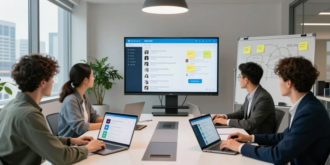 Team collaborating using Telegram Web in a modern workspace.