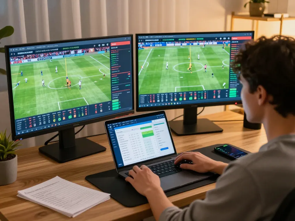 Engaged gamer analyzing ty le keo nha cai from live football odds on multiple screens in a home office.