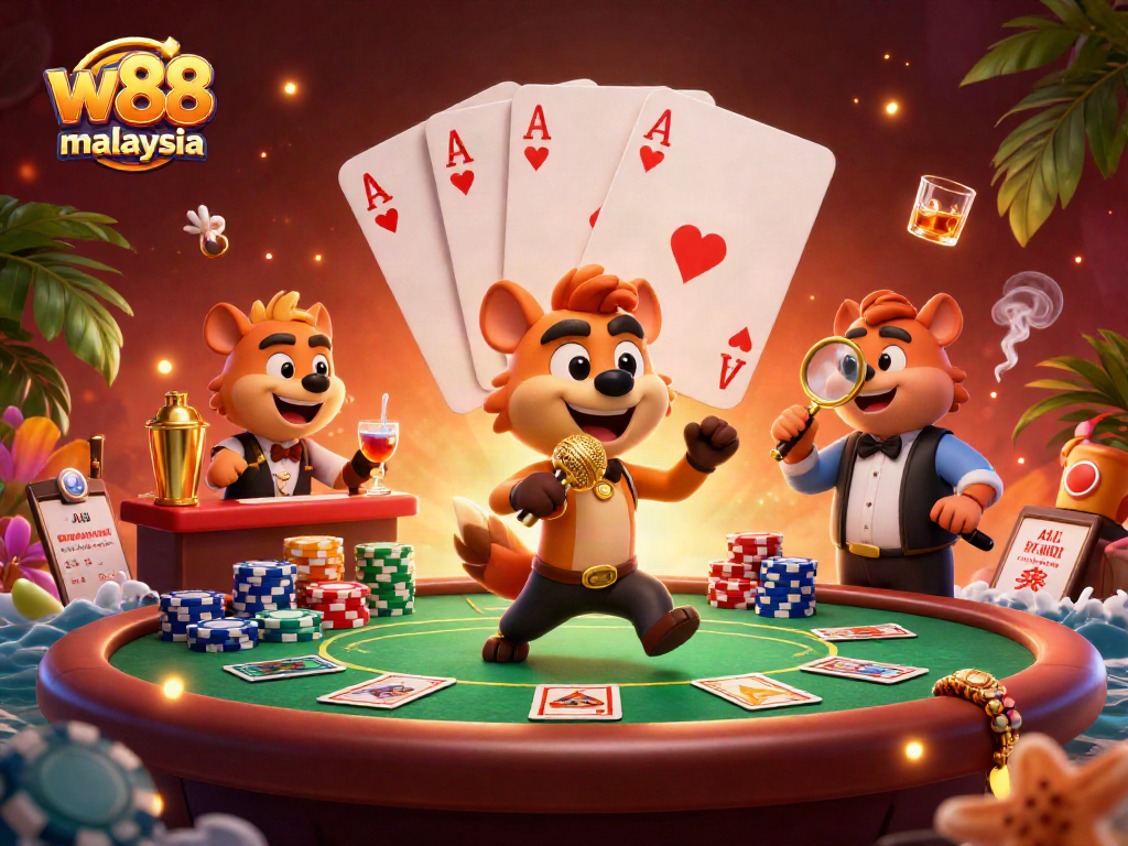 Join the fun at w88 malaysia with hyena characters in a lively casino scene featuring poker and drinks.