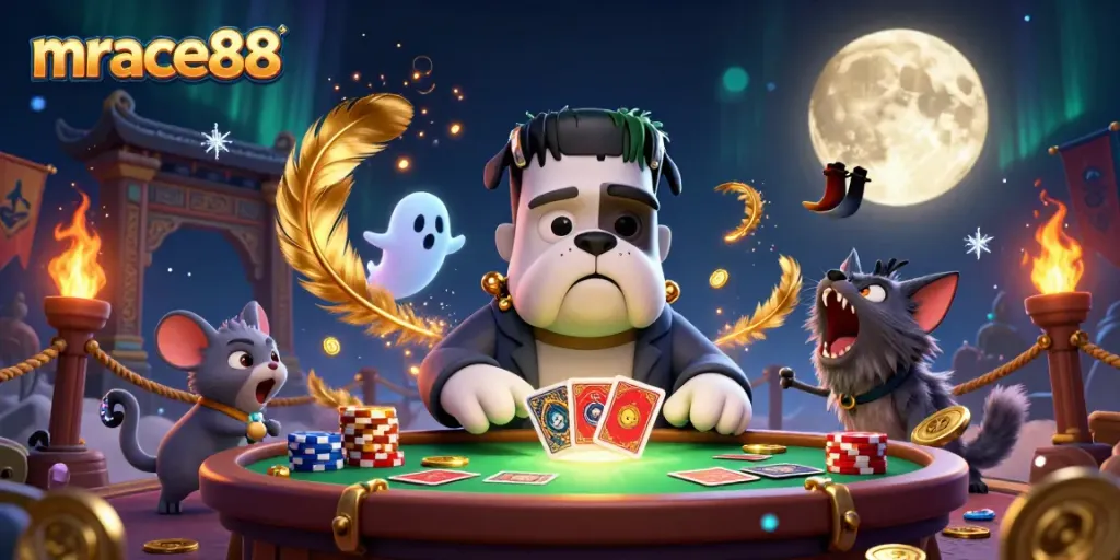 Engage with mrace88's thrilling casino games featuring a cartoon bulldog dealer and colorful chips.