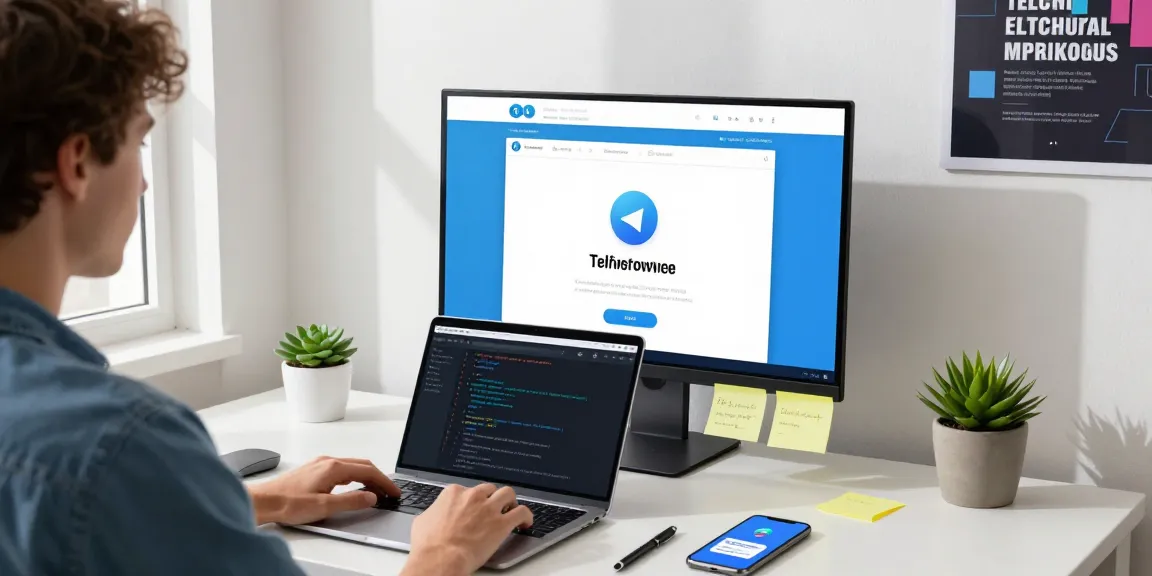 Using Telegram网页版 on a stylish desk with vibrant workspace elements.