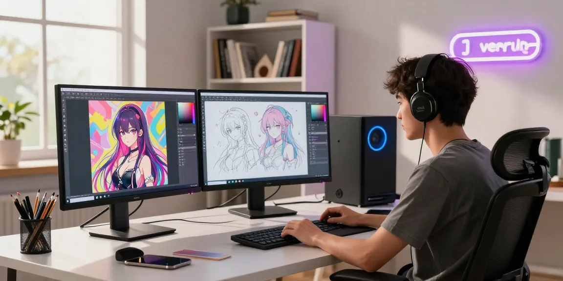 Creating stunning AI ecchi art in a dynamic home office filled with creativity.